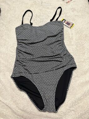 DKNY Black and White Geometric Trim One-Piece